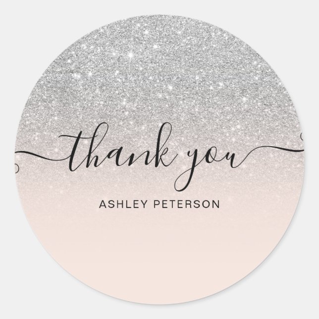 Sticker Rond Merci typographie blush argent parties scintillant (Devant)