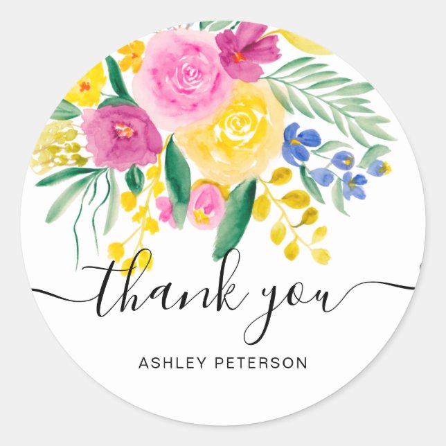 Sticker Rond Merci typographie pays aquarelle florale (Devant)