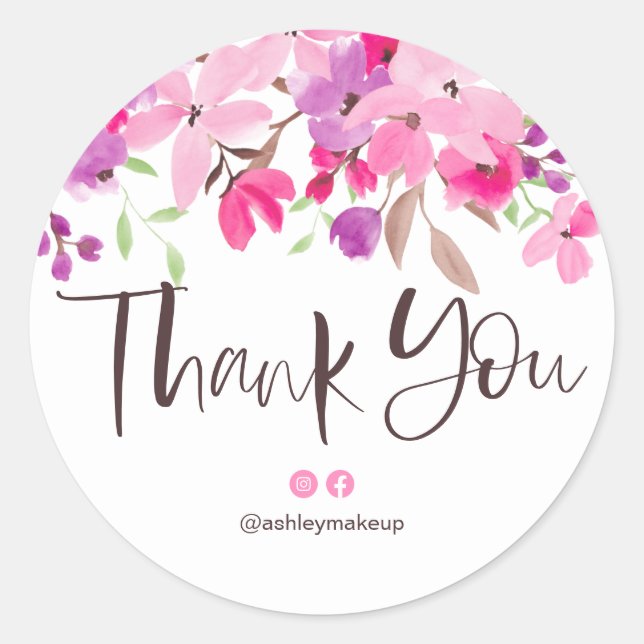 Sticker Rond Merci typographie rose rose floral aquarelle (Devant)