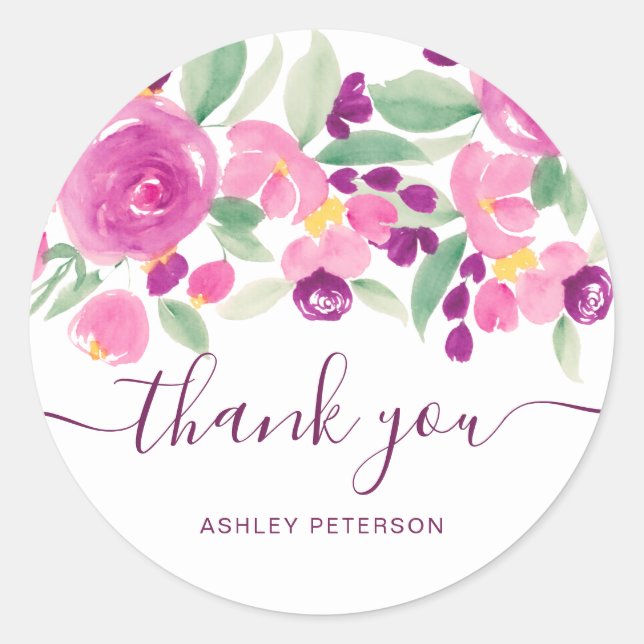 Sticker Rond Merci typographie violet chic aquarelle florale (Devant)