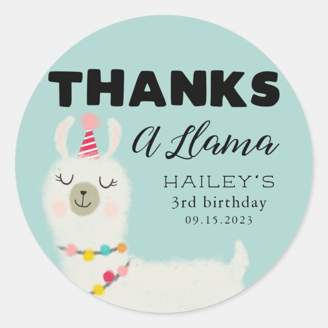 Sticker Rond Merci Une Fête D'Anniversaire Llama Favoriser (Devant)
