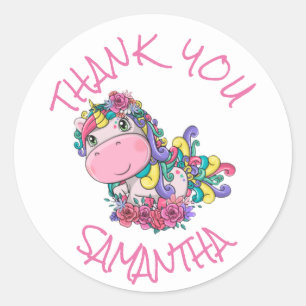 Sticker Rond Merci Unicorn Party Purple