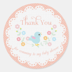 Sticker Rond Merci vintage de baby shower d'oiseau et de fleurs
