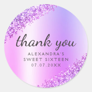 Sticker Rond Merci Violet Ombre Parties scintillant Fille Douce