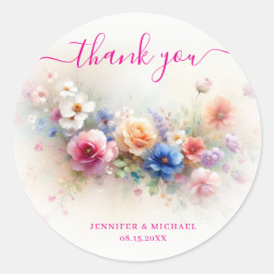 Sticker Rond Merci Votre Texte Personnalisé Fleurs Aquarelle Te
