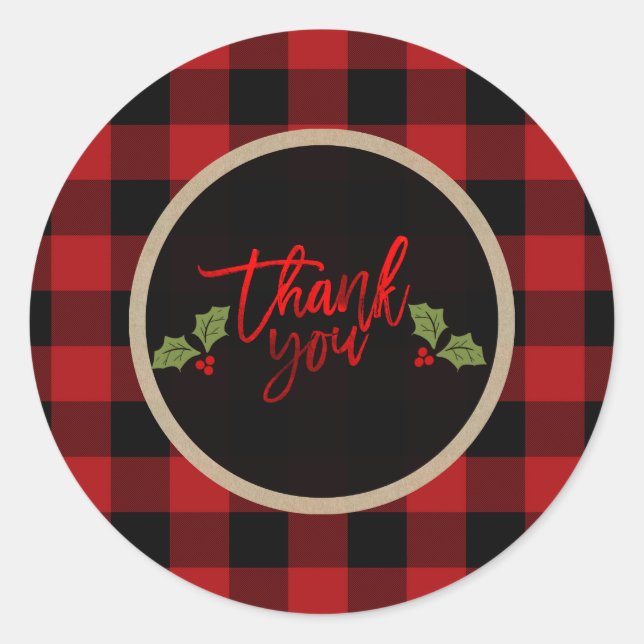 Sticker Rond Merci Vous Noël Vacances Rouge Buffalo à carreaux (Devant)