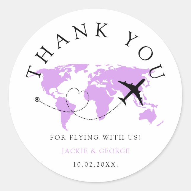Sticker Rond Merci Voyage Mariage Monde carte Lavande (Devant)