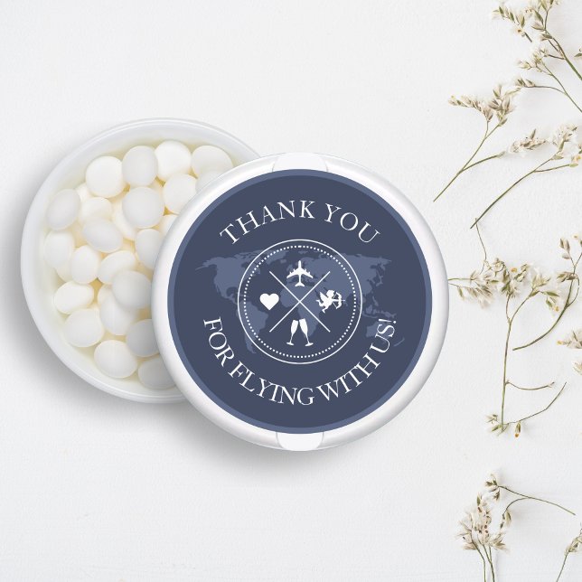 Sticker Rond Merci Voyage Mariage Monde Carte Marine Bleu (Thank you wedding stickers, travel themed, perfect for mints as a wedding favors)