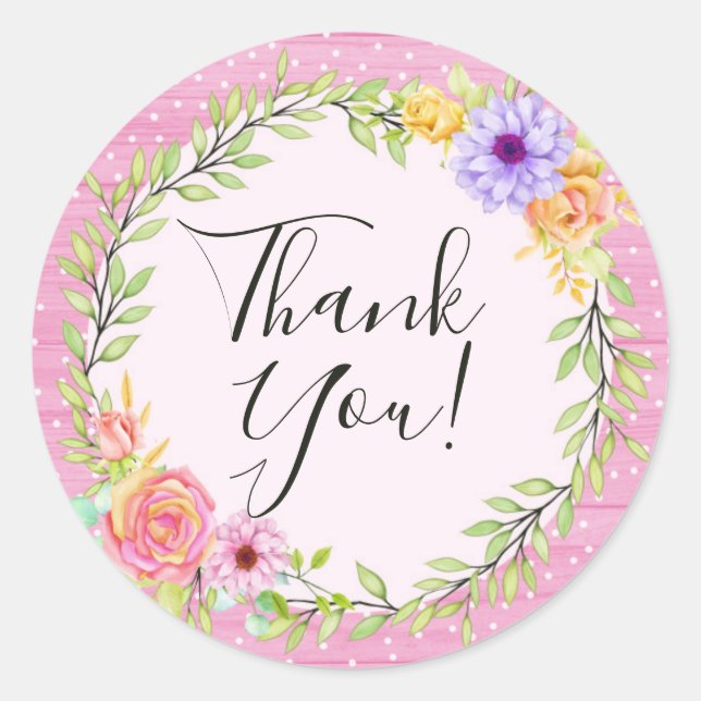 Sticker Rond Merci Whimsical Floral Rose Rustique Rose Bois (Devant)