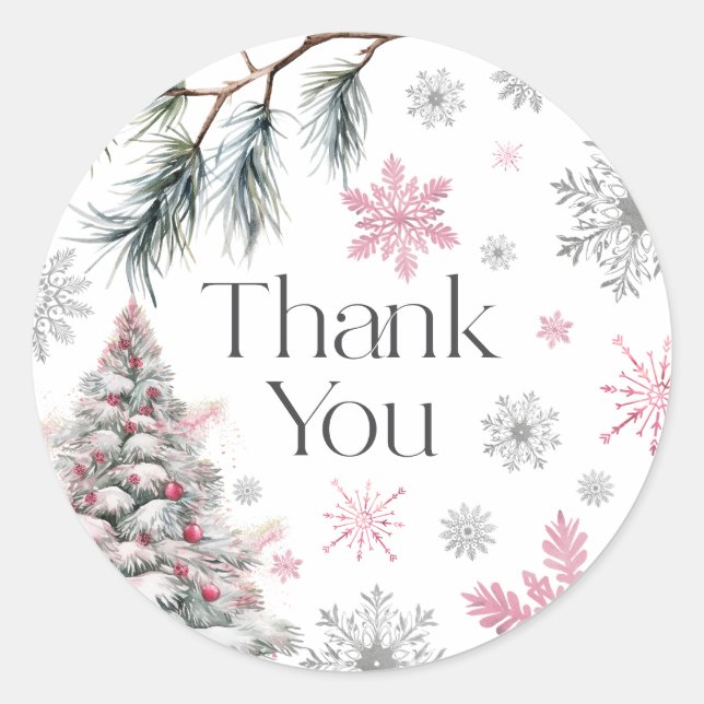 Sticker Rond Merci Winter Wonderland Rose (Devant)