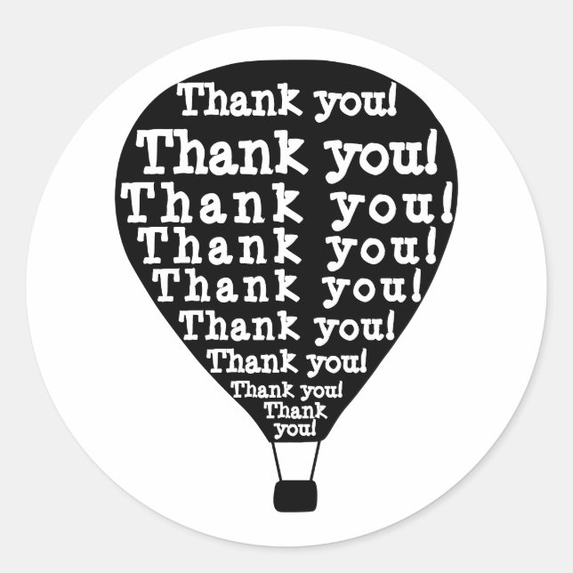 Sticker Rond Merci Word Art Hot Air Balloon noir et blanc (Devant)