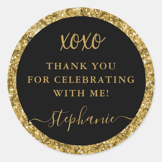 Sticker Rond Merci Xoxo Parties scintillant or fête d'anniversa (Devant)