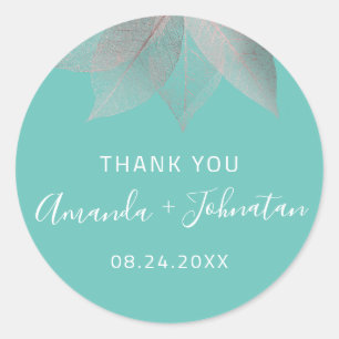 Sticker Rond Merci Yo Rose Gold Leaf Nom Date Blanc Blush Aqua
