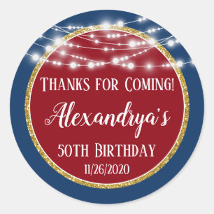 Sticker Rond Mercis bleus rouges d'anniversaire d'or de