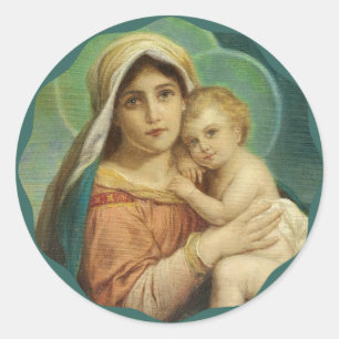Sticker Rond Mère bénie tenant le bébé Jésus