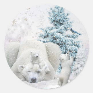 Sticker Rond Mère Ours Polaire Fatigué Avec Bébés