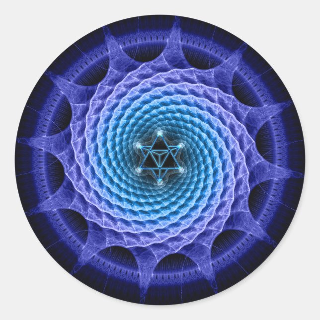 Sticker Rond Merkaba Spiral Mandala Blue ( Géométrie Fractale ) (Devant)