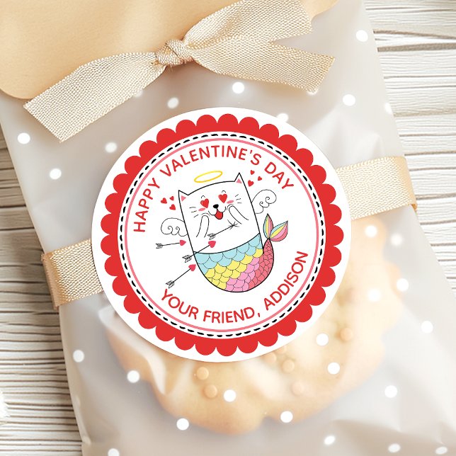 Sticker Rond Mermaid Chat Cute Valentine personnalisée (Créateur téléchargé)