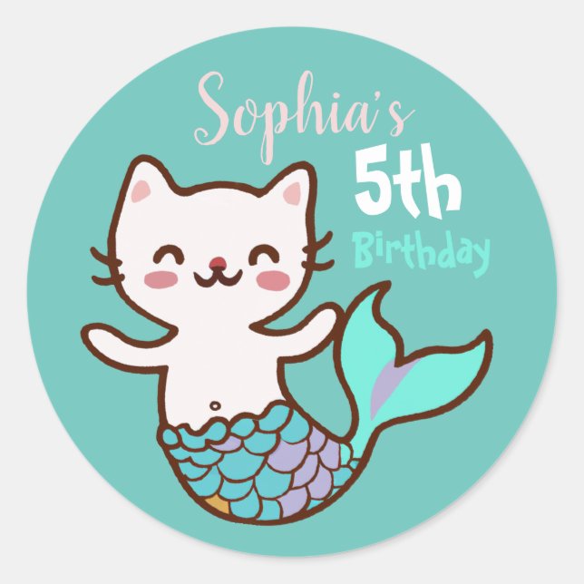 Sticker Rond Mermaid Meowmaid Purrmaid Girl Anniversaire (Devant)