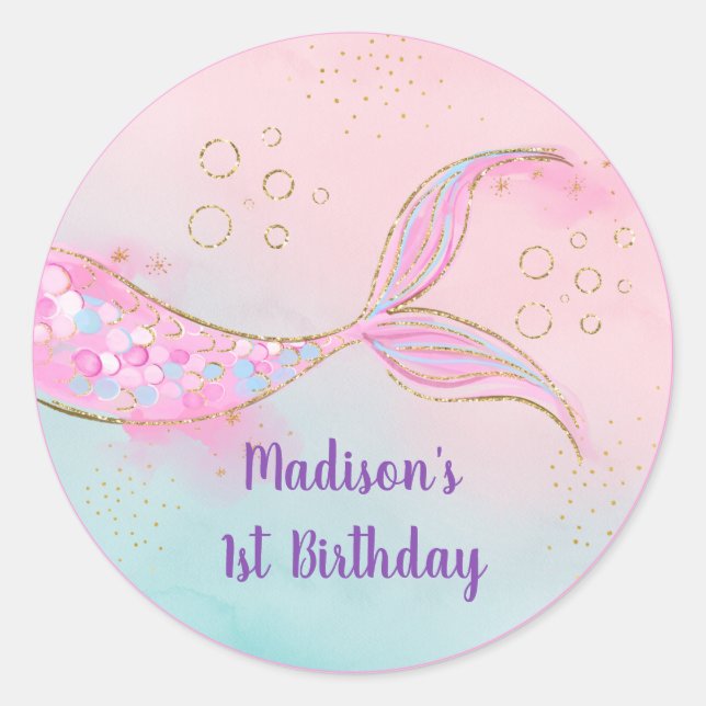 Sticker Rond Mermaid Pink Gold Anniversaire (Devant)