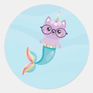 Sticker Rond Mermaid Rainbow Unicorn Purple Cat