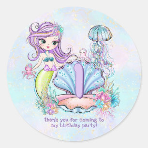 Sticker Rond Mermaid Sea Life   Fête d'anniversaire avec âge pe