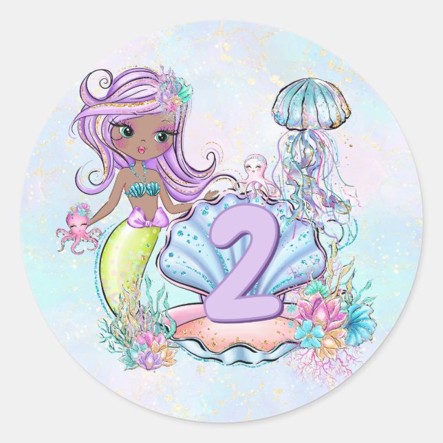 Sticker Rond Mermaid Sea Life | Fête d'anniversaire avec âge pe (Devant)