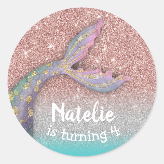 Sticker Rond Mermaid Under the Sea Rose Gold Girl Birthday (Devant)