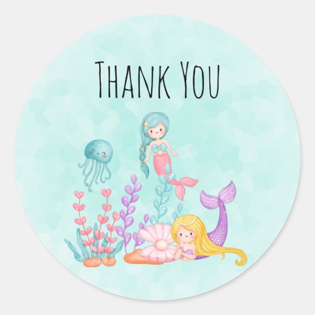 Sticker Rond Mermaids et méduses sous l'aquarelle marine (Devant)
