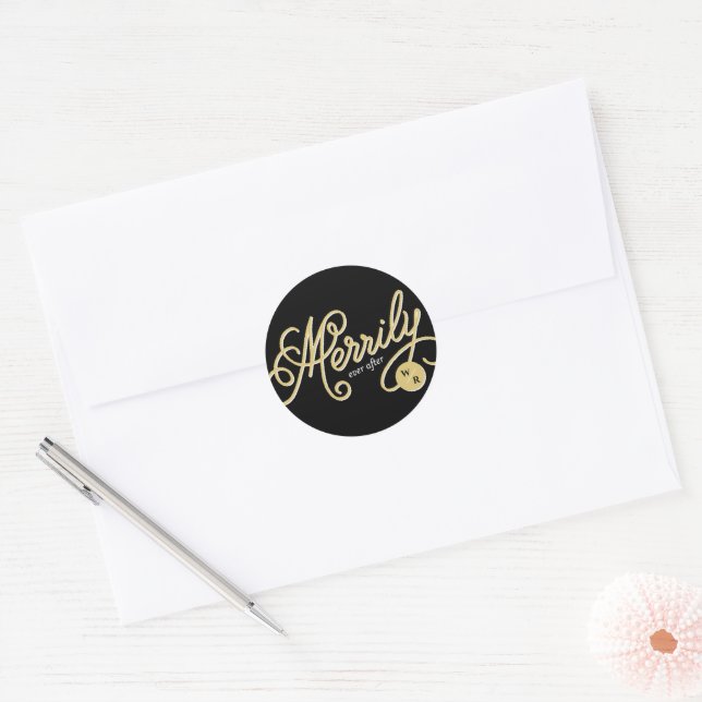Sticker Rond Merrily Jamais après Curly Script Mariage de vacan (Enveloppe)