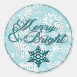 Sticker Rond Merry & Bright ・ Faux Glass Look ・ Turquoise Snowf
