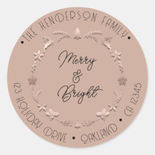 Sticker Rond Merry Bright Holiday Adresse Wreath Deer Rose