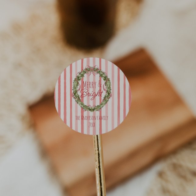 Sticker Rond Merry & Bright Red Stripes Christmas Bow Wreath (Créateur téléchargé)