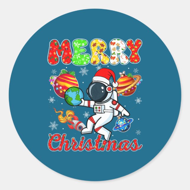 Sticker Rond Merry Christmas Astronaut Santa Hat Snowflakes Tre (Devant)