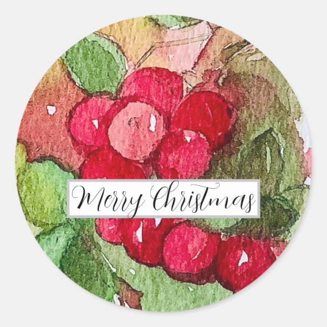 Sticker Rond Merry Christmas Cranberries Fruit Watercolor (Devant)