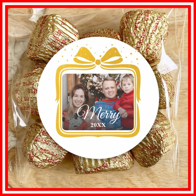 Sticker Rond  Merry Christmas Elegant Bow Present Photo Collage (Créateur téléchargé)