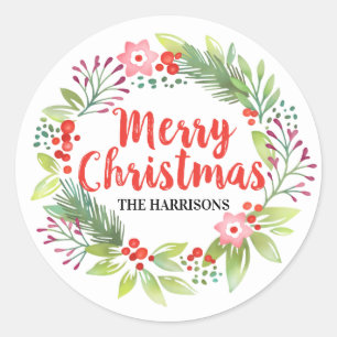 Sticker Rond Merry Christmas Floral Wreath
