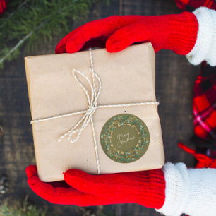 Sticker Rond Merry Christmas Green Wreath Bois Bois Mustard