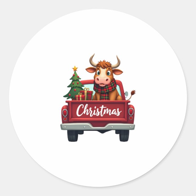 Sticker Rond Merry Christmas Highland Cow Christmas Tree Red Tr (Devant)