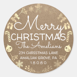 Sticker Rond Merry Christmas Holly Wreath RSVP Kraft Russe