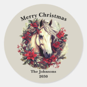 Sticker Rond Merry Christmas Horse Wreath