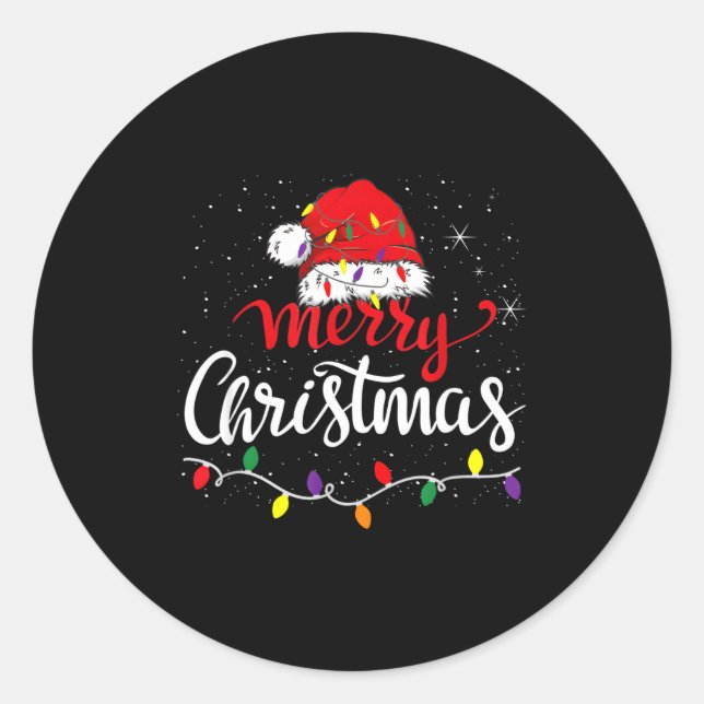 Sticker Rond Merry Christmas Lights Red Santa Hat Xmas Family  (Devant)