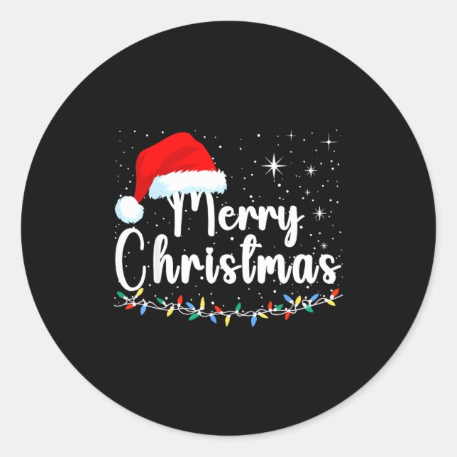 Sticker Rond Merry Christmas Lights Red Santa Hat Xmas Family M (Devant)