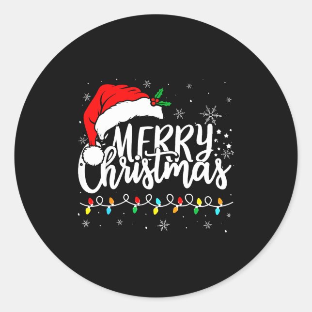 Sticker Rond Merry Christmas Lights Santa Hat Xmas Family Match (Devant)