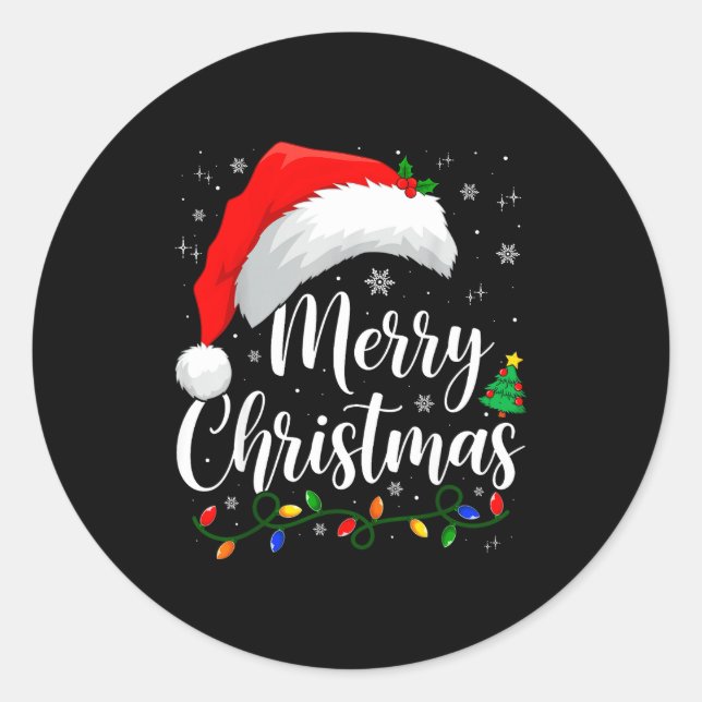 Sticker Rond Merry Christmas Lights Santa Hat Xmas Family Match (Devant)