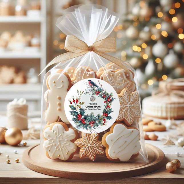 Sticker Rond Merry Christmas-Red Berries & Bullfinch (Créateur téléchargé)