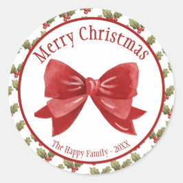 Sticker Rond Merry Christmas Red Bow Botanical Berries