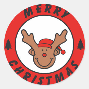 Sticker Rond Merry Christmas Rudolf Rentier avec arbre