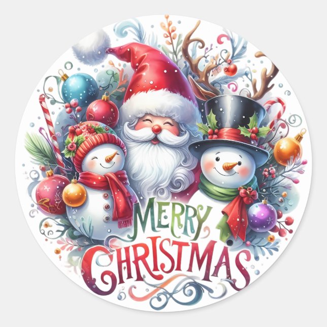 Sticker Rond Merry Christmas Santa And Friends (Devant)