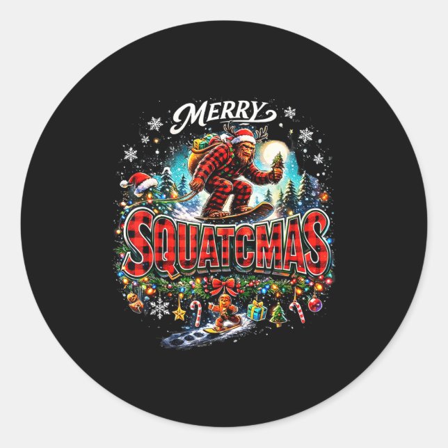 Sticker Rond Merry Christmas Squatchmas Funny Bigfoot Snowboard (Devant)